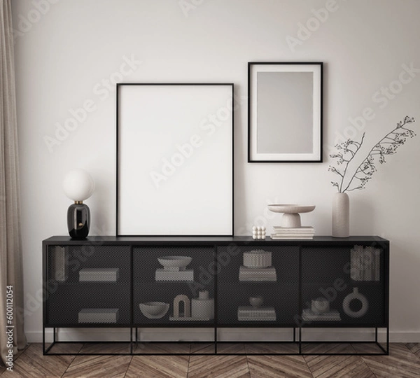 Fototapeta Mockup poster frame on the wall of living room. Luxurious apartment background with contemporary design. Modern interior design. 3D render, 3D illustration