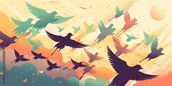 Fototapeta A group of soaring birds, signifying the idea of freedom and unboundedness. Generative AI.