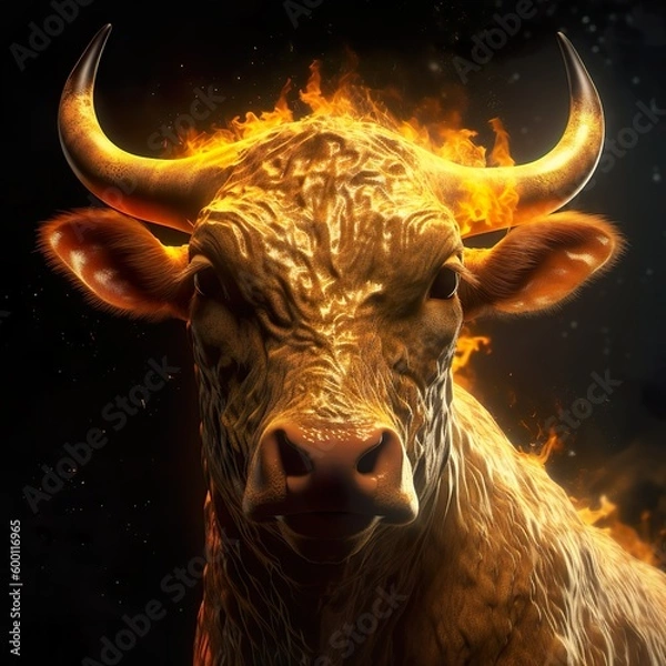 Obraz Generative AI - brennender goldener Stier