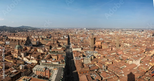 Fototapeta panorama view of bologna, italy, with via rizzoli and piazza maggiore from asinelli-tower