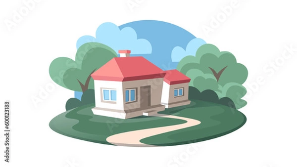 Fototapeta Farmhouse near the forest on island. Isolated natural emblem in a minimalism flat style.