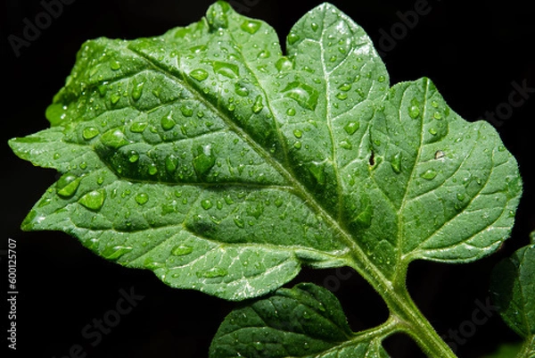Fototapeta raindrops on fresh green leaves on a black background. Waterdrop on green leaf after a rain on tomato plant
