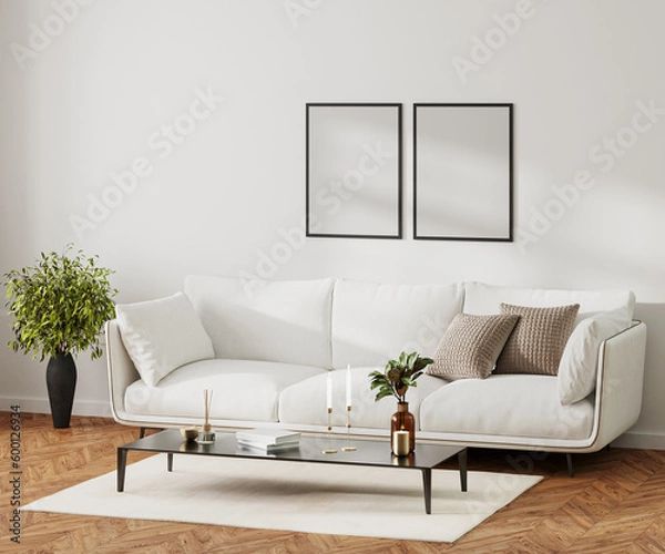 Fototapeta blank frame mock up in modern home living room interior with white sofa and coffee table with decor, 3d rendering