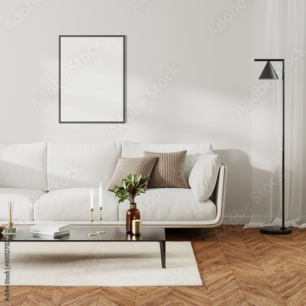 Fototapeta poster frame mock up in home living room  interior with white sofa and coffee table with decor, 3d render