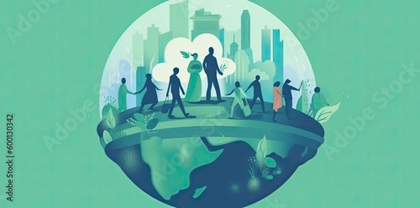 Fototapeta people with a globe, in the style of environmental awareness, flat illustrations, light sky-blue and dark green. Generative AI