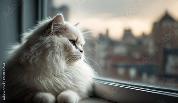 Fototapeta Pensive Feline Overlooking Urban Sunset, generative ai