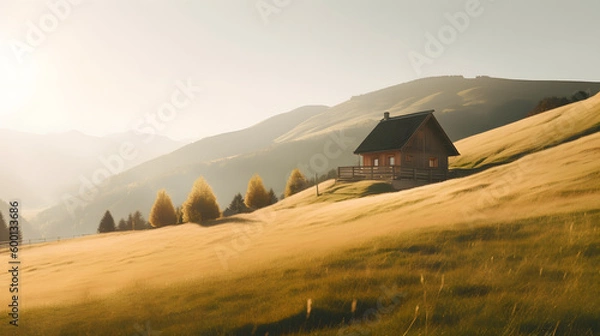 Fototapeta Sunny Mountain Landscape with a Wooden Cabin on the Slope, generative ai