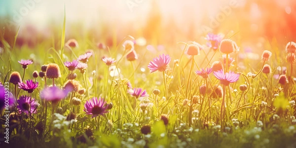 Fototapeta flowers in a spring green field, in the style of stockphoto, vibrant stage backdrops, sun - kissed palettes, light amber and purple, generative ai