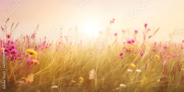 Fototapeta field of grass with beautiful flowers, in the style of sun - soaked colours, light yellow and light magenta, generative ai