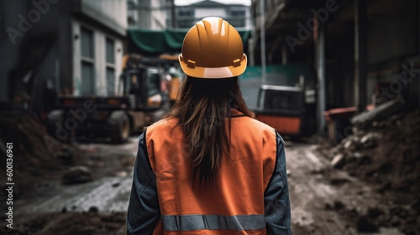 Fototapeta Female construction worker seen from behind, Generative AI
