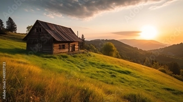 Fototapeta wooden house on hill, grass fields around, mountaint in the background, cozy, idyllic, golden hour, generative ai