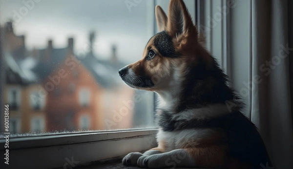 Fototapeta Puppy sitting on a windowsill, gazing out at a misty, ethereal cityscape in the distance, generative ai