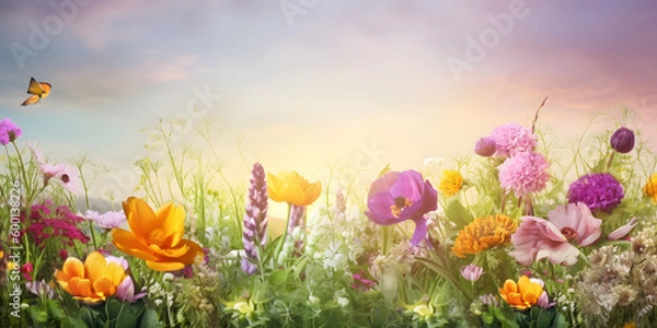 Fototapeta beautiful flowers in a spring green field, colorful, generative ai