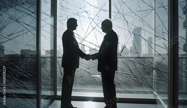 Fototapeta two business people shaking hands in front of an indoor office building, generative ai