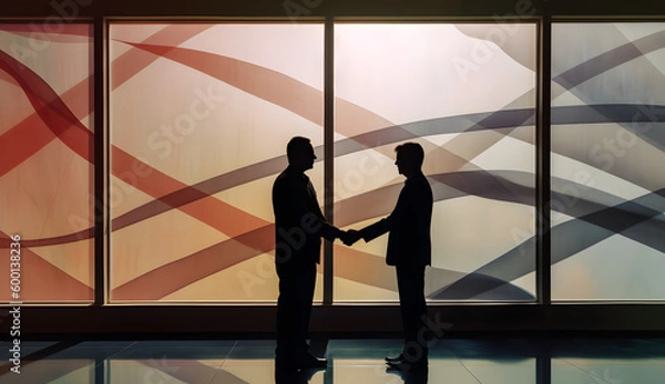 Fototapeta businessman shaking hands in front of a large window, in the style of precisionism influence, generative ai