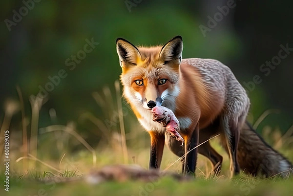 Fototapeta Red Fox after hunting, Vulpes vulpes, wildlife scene from Europe.Portrait of fox with prey on meadow