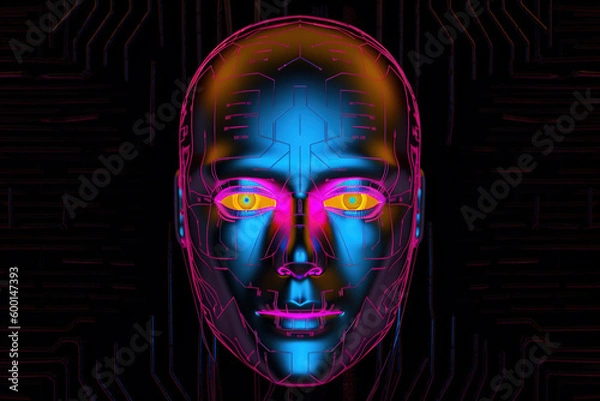 Fototapeta AI robot humanoid face with the circuit board background