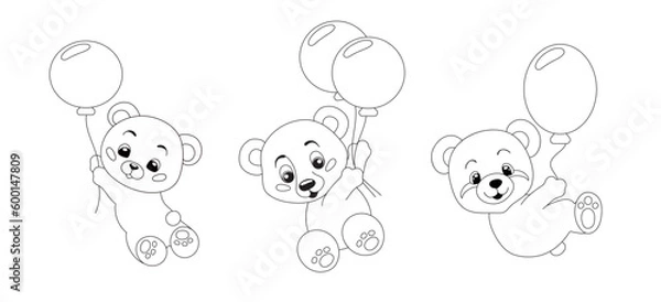 Obraz Hand-drawn cute teddy bears with balloons for coloring book cartoon.  Vector illustration isolated design element. Black and white outline image. 