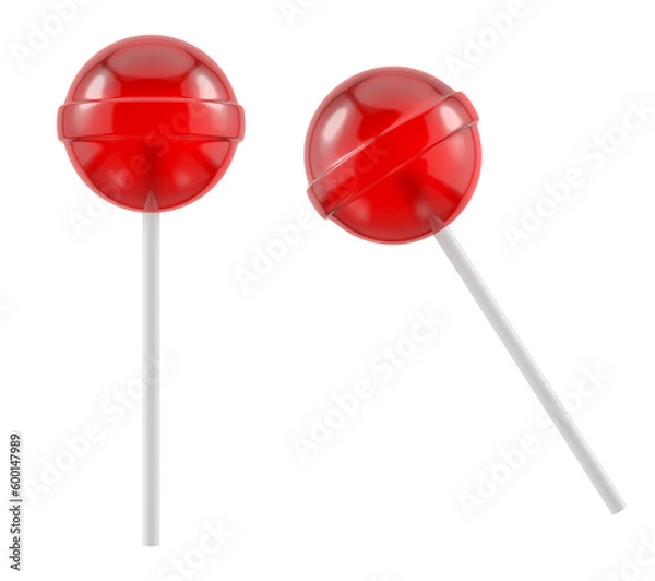 Obraz Red lollipop on white plastic stick. Isolated sweet candy. 3D rendered image.