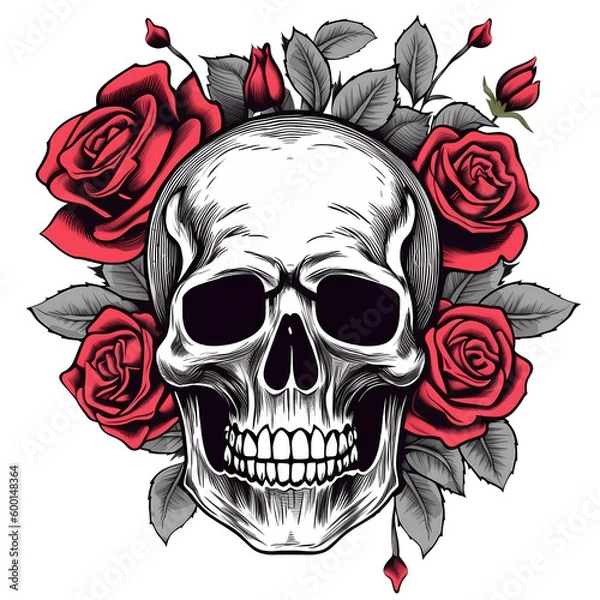 Fototapeta Skull with Roses PNG, Transparent Background. Generative AI