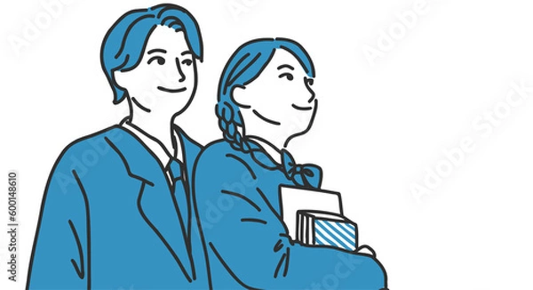 Obraz 未来を見つめる制服を着たカップルのイラスト