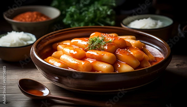 Fototapeta Indulge in the chewy and spicy goodness of Tteokbokki - a classic Korean dish that's sure to satisfy your cravings. Made from simmered rice cakes, this mouth-watering treat is perfect for anyone .