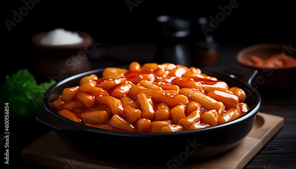 Fototapeta Indulge in the chewy and spicy goodness of Tteokbokki - a classic Korean dish that's sure to satisfy your cravings. Made from simmered rice cakes, this mouth-watering treat is perfect for anyone .