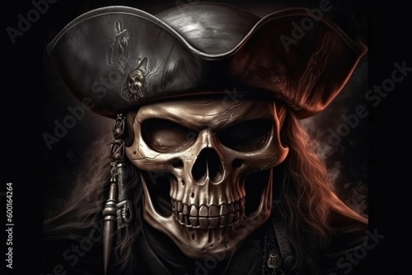 Fototapeta Skull of a pirate with hat, black background digital illustration. Generative AI