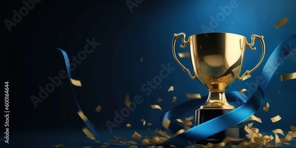 Fototapeta Golden trophy and streamers, business and competition concept, blue background. Generative AI