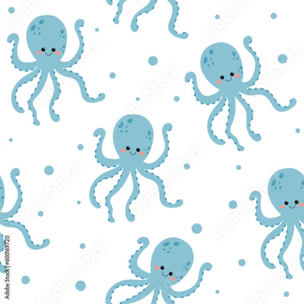 Obraz Cute octopus seamless pattern with underwater animals isolated on white background. Vector illustration of children's cartoon characters. Design element for cards, posters, banners, summer design  