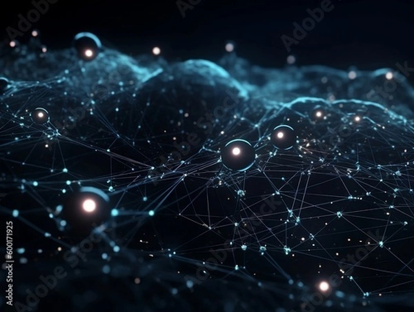 Fototapeta Abstract connected dots and lines. Concept of AI technology, Motion of digital data flow. Communication and technology network concept with moving lines and dots. 3D rendering