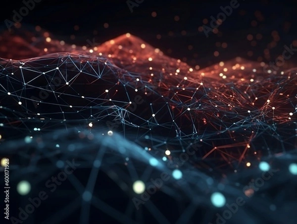 Fototapeta Abstract connected dots and lines. Concept of AI technology, Motion of digital data flow. Communication and technology network concept with moving lines and dots. 3D rendering
