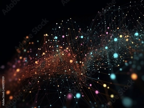 Fototapeta Abstract connected dots and lines. Concept of AI technology, Motion of digital data flow. Communication and technology network concept with moving lines and dots. 3D rendering