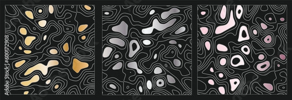 Obraz Abstract silver golden liquid pattern with gradient texture on black background. Vector illustration. 