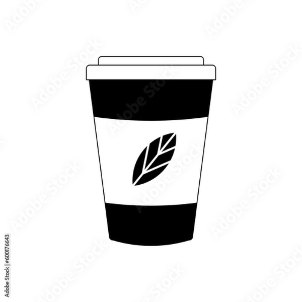 Obraz Monochrome cup of tea isolated on white background. Black and white drink with leaf. Flat simple icon. Minimalistic vector illustration
