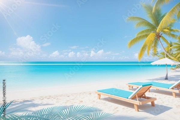 Fototapeta Empty beach chairs next to a palm tree at the beach during a summer vacation, generative ai