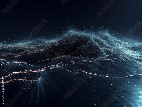 Fototapeta Abstract connected dots and lines. Concept of AI technology, Motion of digital data flow. Communication and technology network concept with moving lines and dots. 3D rendering