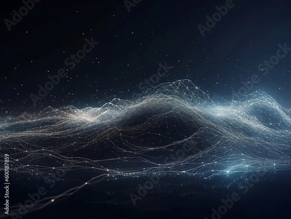 Fototapeta Abstract connected dots and lines. Concept of AI technology, Motion of digital data flow. Communication and technology network concept with moving lines and dots. 3D rendering