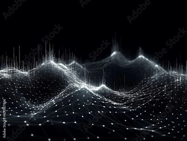 Fototapeta Abstract connected dots and lines. Concept of AI technology, Motion of digital data flow. Communication and technology network concept with moving lines and dots. 3D rendering