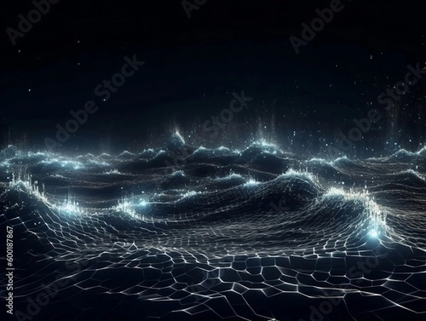 Fototapeta Abstract connected dots and lines. Concept of AI technology, Motion of digital data flow. Communication and technology network concept with moving lines and dots. 3D rendering