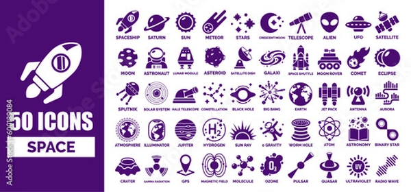 Obraz 50 space icon collection in flat design style with names