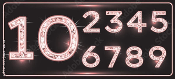 Obraz Realistic shining rose gold glitter numbers 1, 2, 3, 4, 5, 6, 7, 8, 9, 0. Set of isolated vector objects one, two, three, four, five, six, seven, eight, nine, zero for decoration, celebration design.