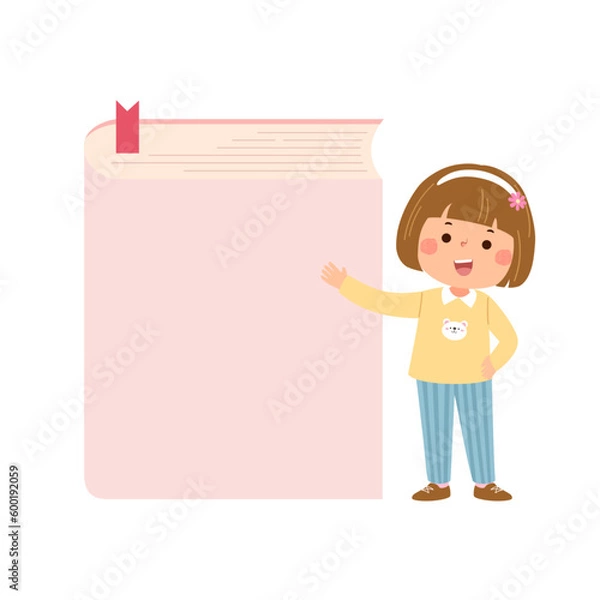 Obraz Vector cartoon little student girl with big book. Back to school concept