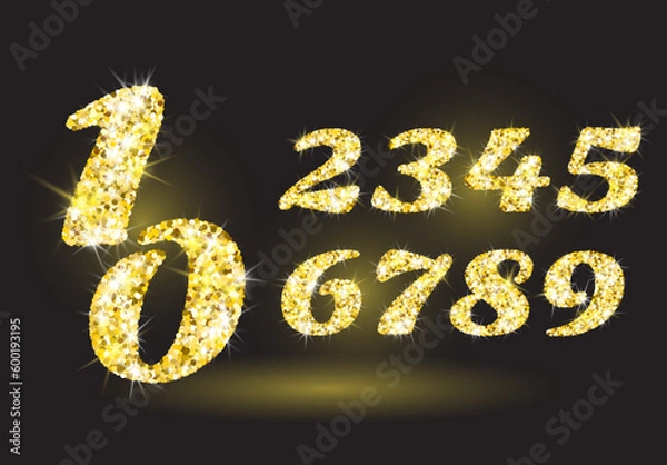 Obraz Realistic shining golden glitter numbers 1, 2, 3, 4, 5, 6, 7, 8, 9, 0. Set of isolated vector objects one, two, three, four, five, six, seven, eight, nine, zero for decoration, celebration design.