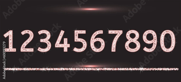 Fototapeta Realistic shining rose gold glitter numbers 1, 2, 3, 4, 5, 6, 7, 8, 9, 0. Set of isolated vector objects one, two, three, four, five, six, seven, eight, nine, zero for decoration, celebration design.