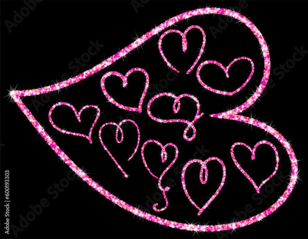 Fototapeta Handdrawn trendy pink glitter line hearts, isolated design objects. Shimmer vector outline..
