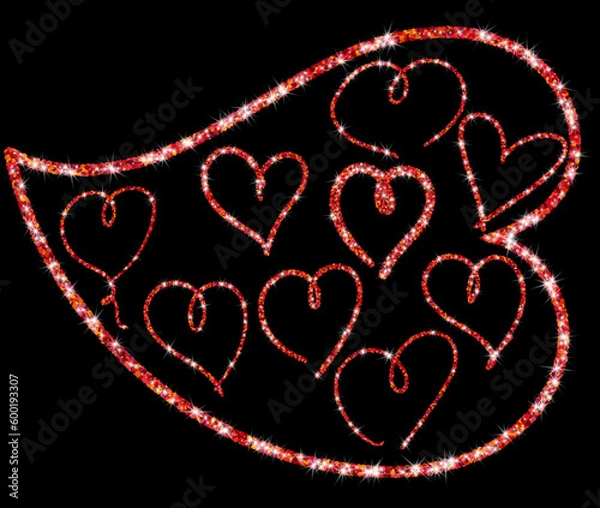 Obraz Handdrawn trendy red glitter line hearts, isolated design objects . Shimmer vector outline.
