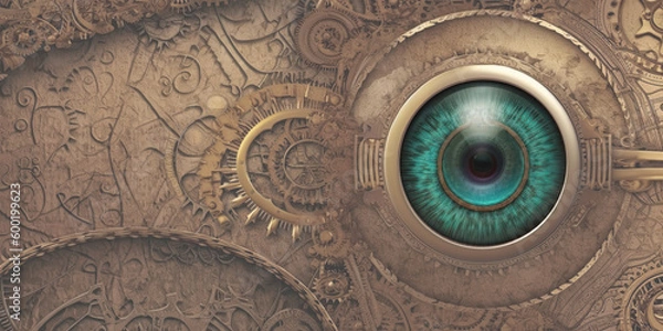 Fototapeta Steampunk background for presentation one of four Brass and gears with different focal points eye iris, room for copy - generative AI 