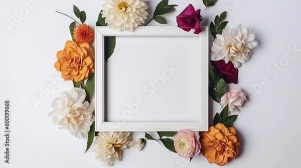 Fototapeta Mockup of picture frame decorated with spring flowers clean space for text on white background