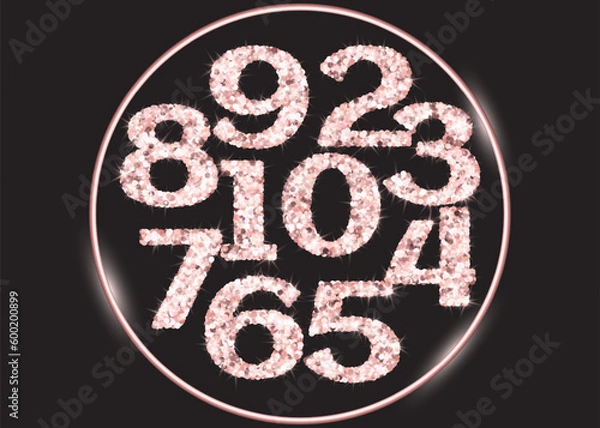 Obraz Realistic shining rose gold glitter numbers 1, 2, 3, 4, 5, 6, 7, 8, 9, 0. Set of isolated vector objects one, two, three, four, five, six, seven, eight, nine, zero for decoration, celebration design.